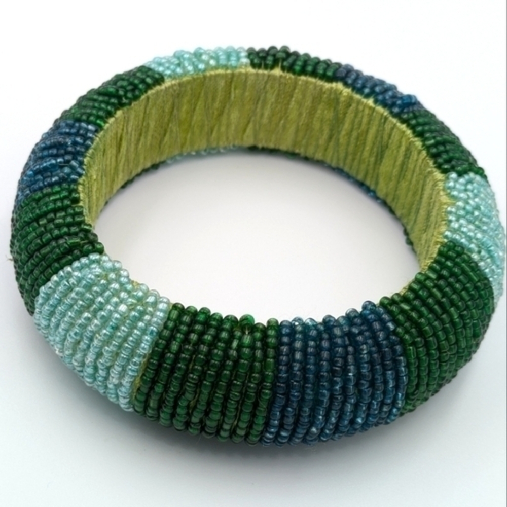 5/25$  Blue and green seed bead beaded bangle bracelet